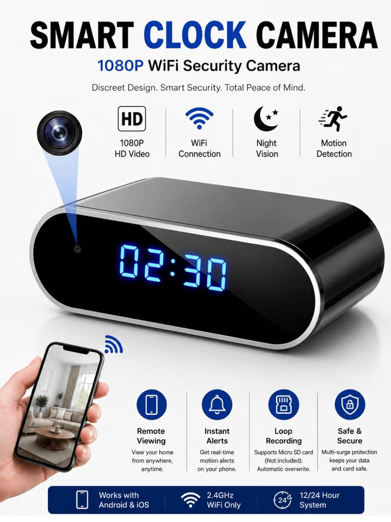 1080P WiFi Smart Clock Camera with Indoor Home & Office Security Camera