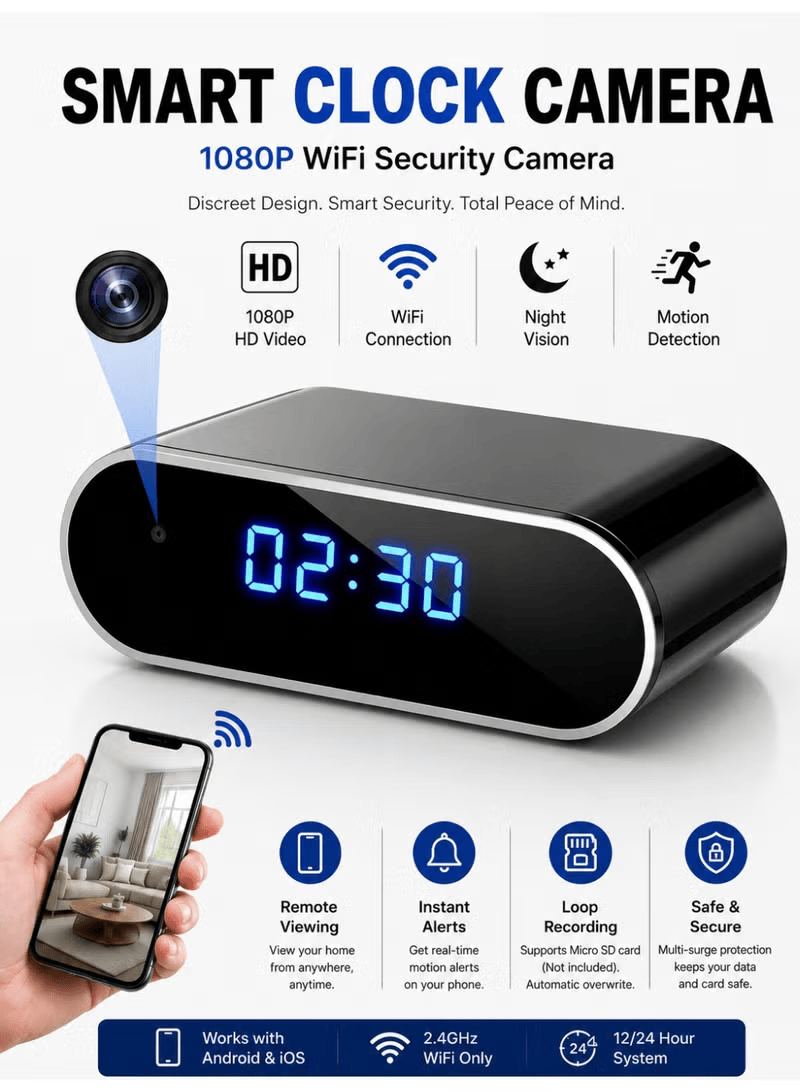 1080P WiFi Smart Clock Camera with Indoor Home & Office Security Camera
